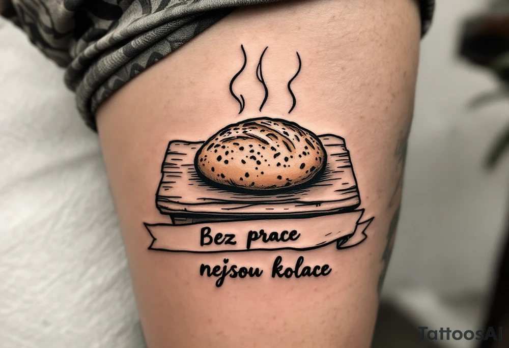 "Bez prace nejsou kolace." — A traditional loaf of bread steaming over a rustic table, inked in sepia tones, with the quote in banner style underneath. tattoo idea