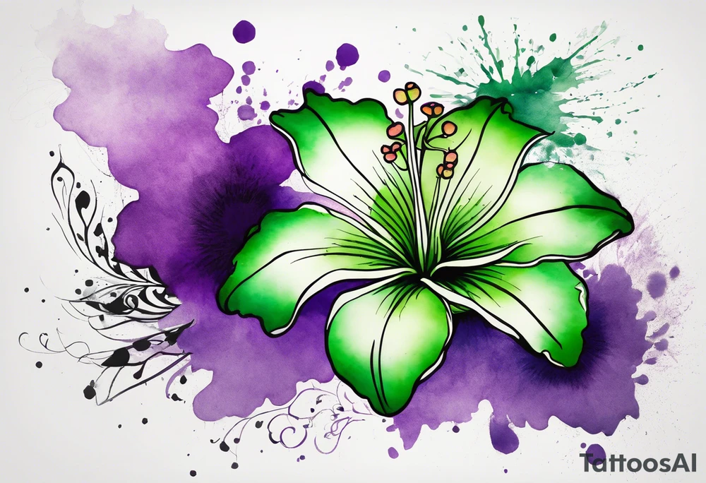 A mystical outline of a green and purple rio dipladenia flower and a green and purple watercolor splash in the background tattoo idea