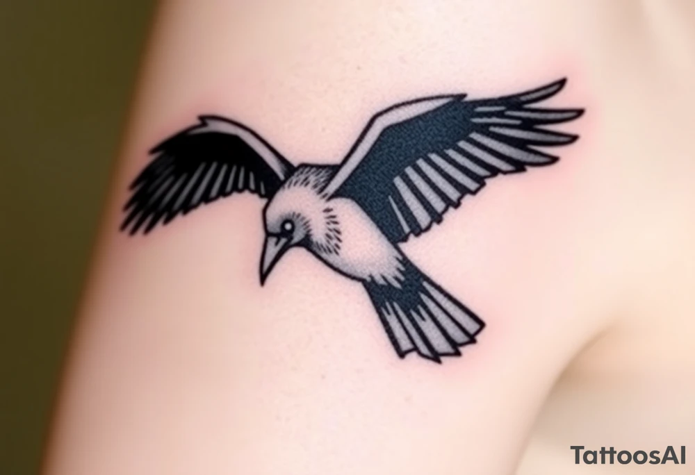 A minimalist raven in flight, with clean, sharp lines outlining the wings and body, using black ink for the raven and soft gray shading for the feathers to create depth. The raven’s eyes are highlighted with a subtle white dot for contrast. The background is left blank for a more elegant, clean look, symbolizing freedom, mystery, and transformation. tattoo idea