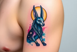 An Anubis with a Halo – Blending Egyptian mythology with Christian spirituality, symbolizing protection and righteousness. tattoo idea