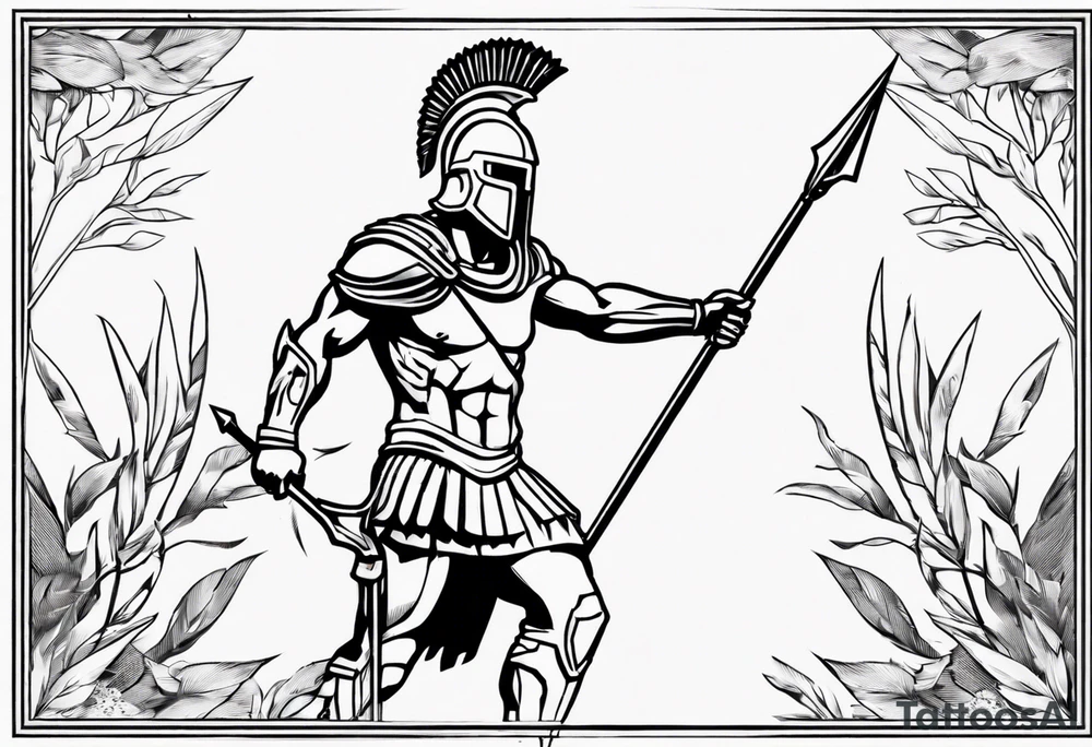 rectangular landscape format ultra-fine line linework vector of a spartan from the side, spartan spear, spartan shield, laurel wreath tattoo idea
