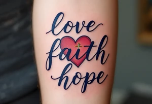 Script in deep navy ink, with a heart in burgundy, a gold cross, and a teal anchor subtly integrated into the words love faith hope. tattoo idea