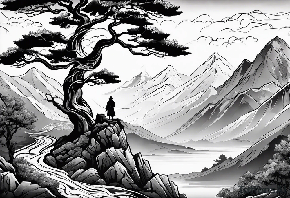 Full arm sleeve, tree going up to shoulder dead tree going down to wrist, wrapped in a serpent moving down with mountain, water elements tattoo idea
