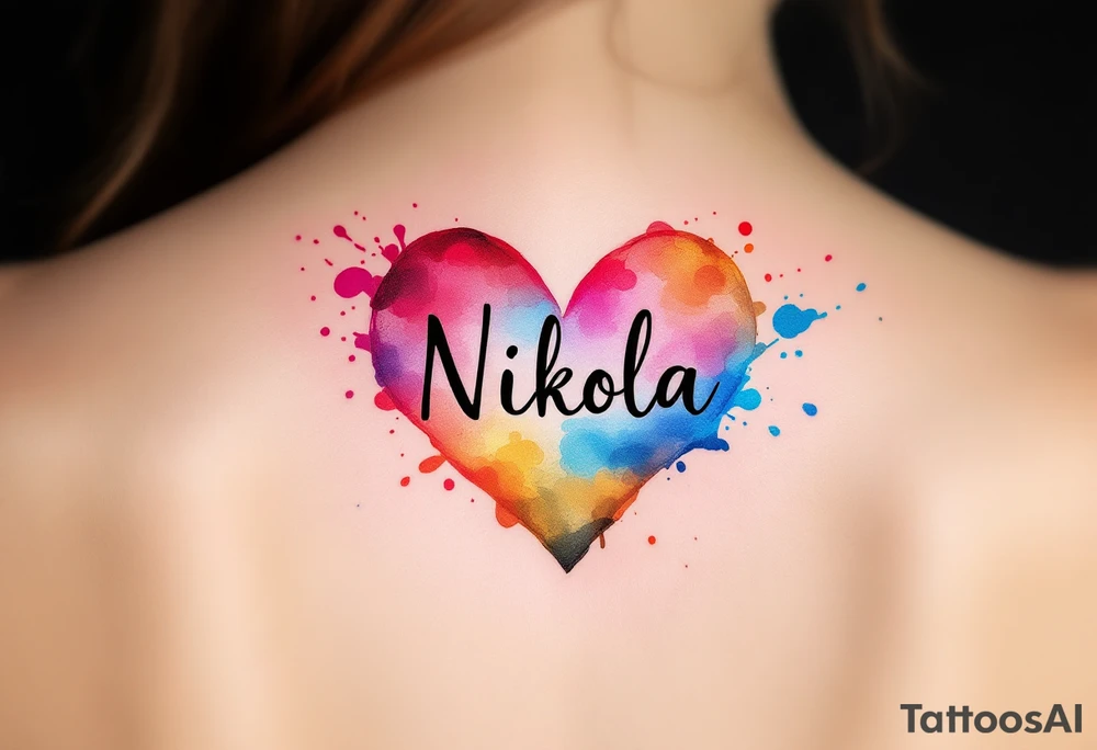 A colorful splashed heart, with vibrant hues of red, pink, blue, and yellow, and the name "Nikola" boldly displayed in a black modern sans-serif font. tattoo idea