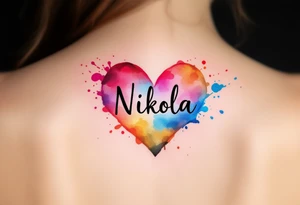 A colorful splashed heart, with vibrant hues of red, pink, blue, and yellow, and the name "Nikola" boldly displayed in a black modern sans-serif font. tattoo idea