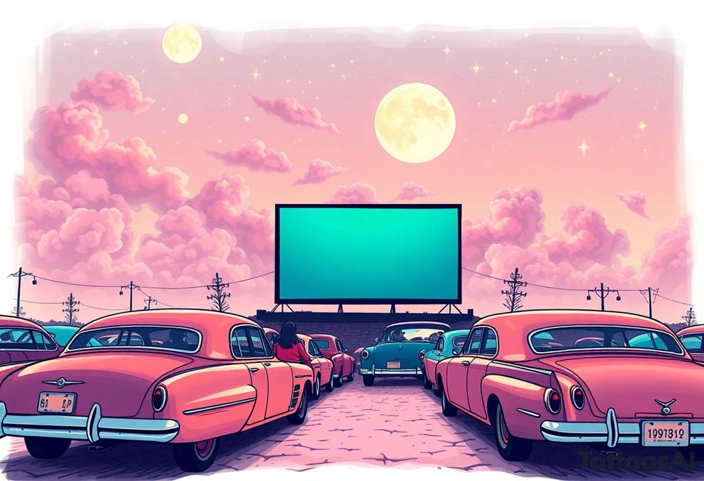 Tim Burton’s 40s drive in movie from outside view has lots of cute pastel vintage cars and couples watching the movie and dripping with muted reds, dusty pinks, and eerie green glow purple and cyan smokey clouds swirl and dance in the moonlit night sky filled with twinkling stars  tattoo idea tattoo idea