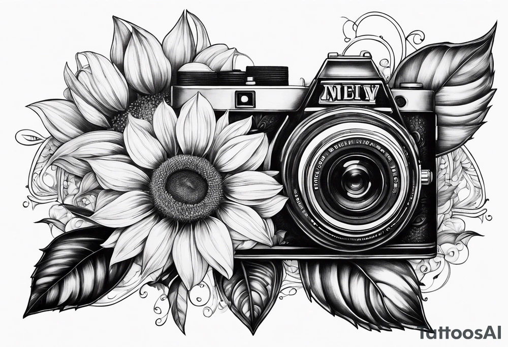 sunflower, camera, flower rose , book, butterfly tattoo idea