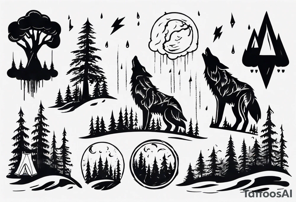 thunderstorm over a forest with a wolf howling on drums tattoo idea thunderstorm over a forest with a wolf howling on drums tattoo idea