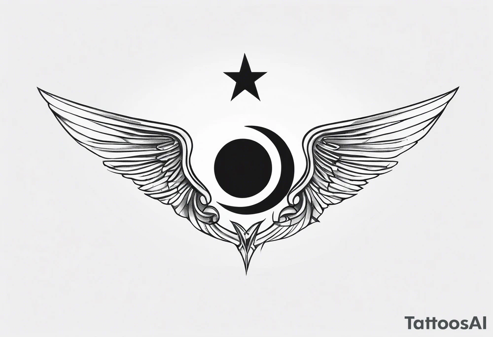 Wings with freedom symbol, Jedi symbol, crescent moon, Atheist tattoo idea