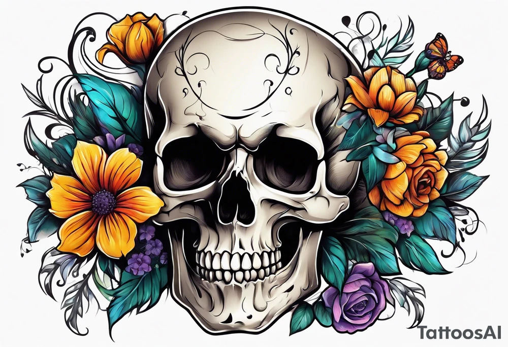 skull with flowers growing on it tattoo idea