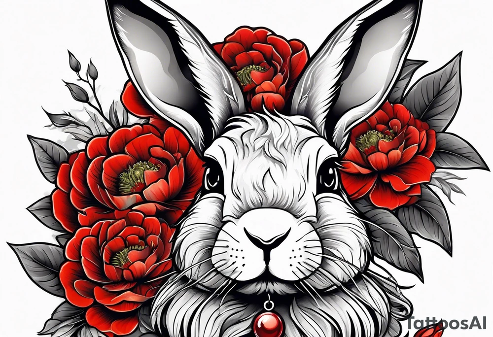 Rabbit on Red peony with dangling pearl necklace tattoo idea