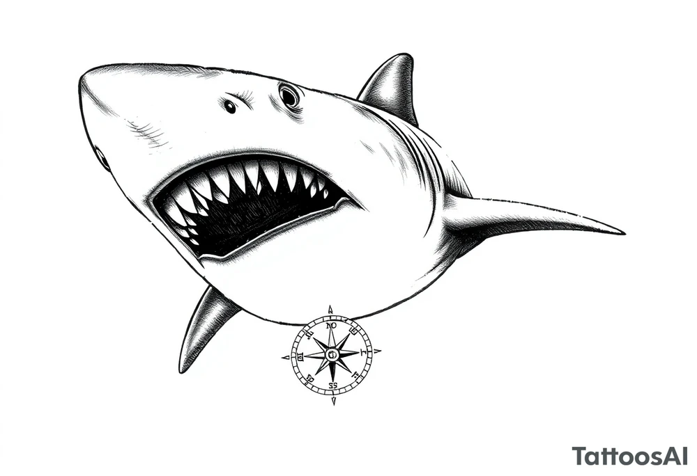 hammerhead shark with open mouth,under it a compass. tattoo idea