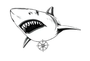 hammerhead shark with open mouth,under it a compass. tattoo idea