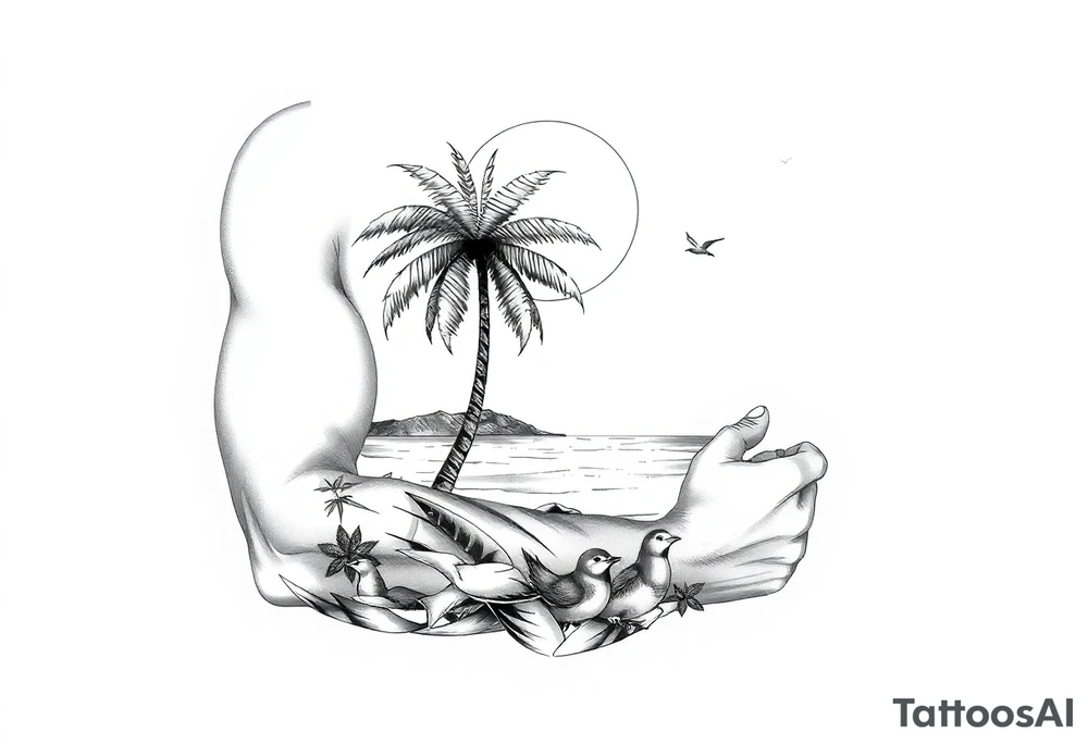 palm tree, sun, beach, birds tattoo idea