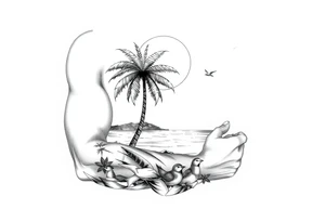 palm tree, sun, beach, birds tattoo idea