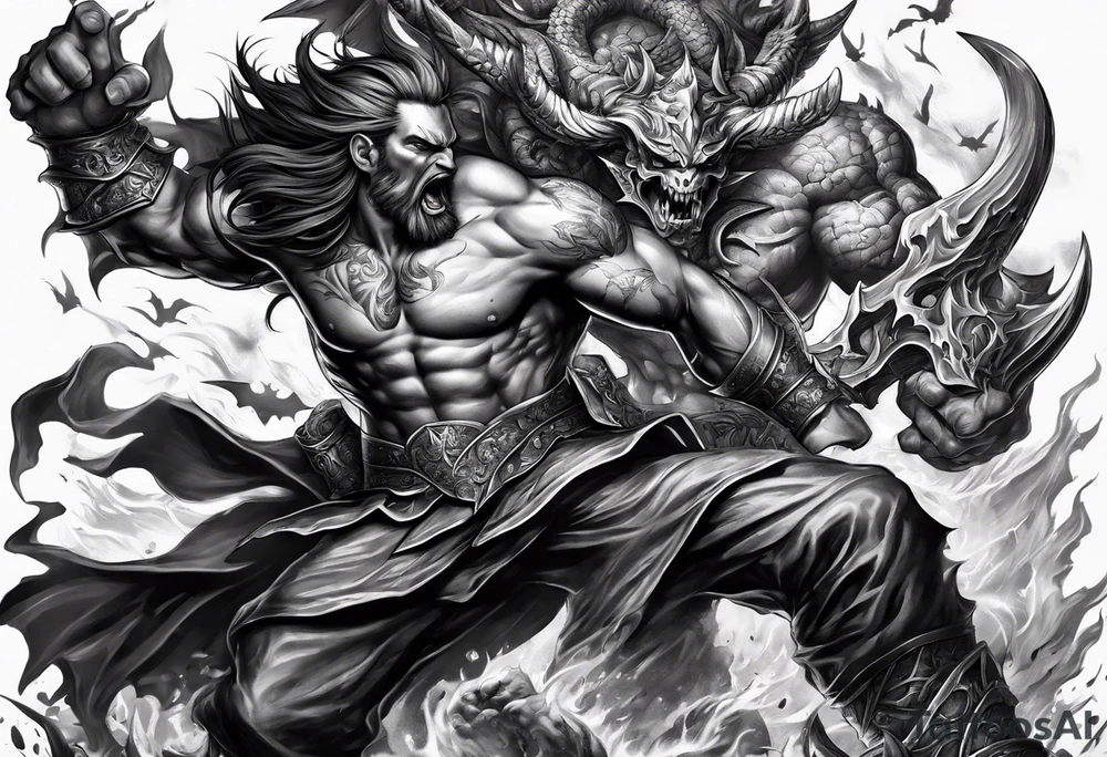 male fighting a demon in a battle field of skulls tattoo idea