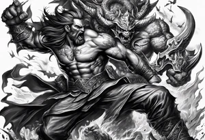 male fighting a demon in a battle field of skulls tattoo idea