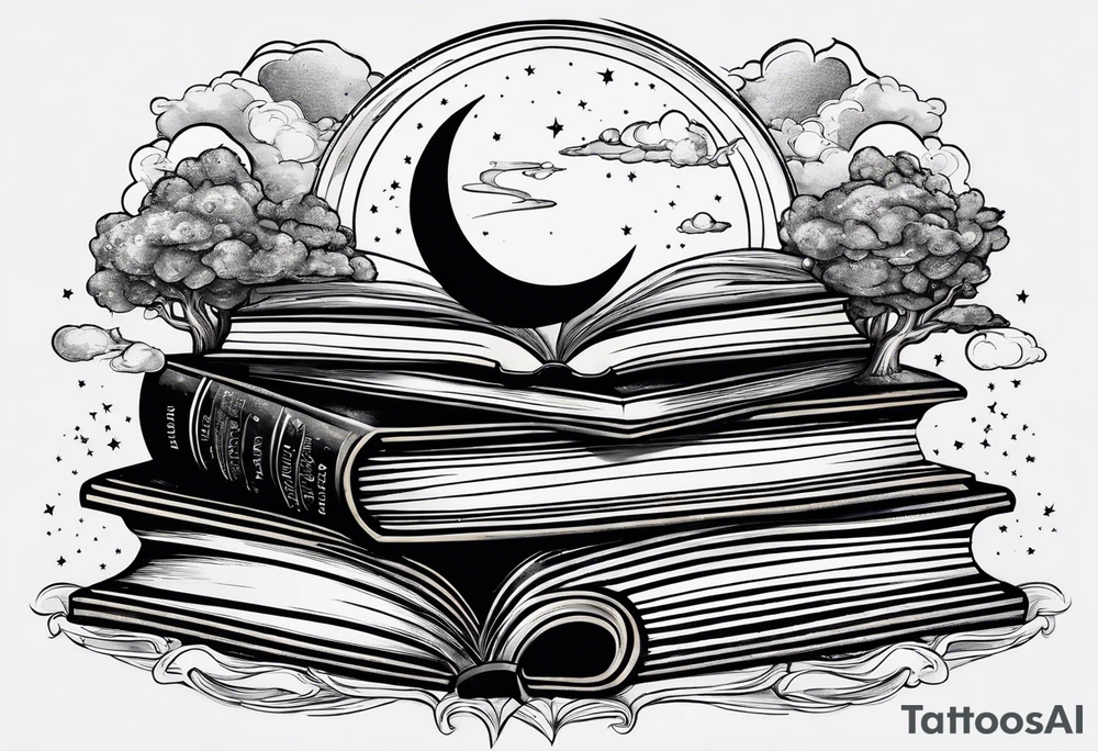 Stack of books with a universe sky and moons, the top book is open and has things coming alive from it tattoo idea