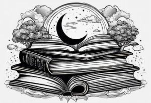 Stack of books with a universe sky and moons, the top book is open and has things coming alive from it tattoo idea