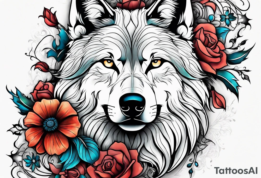 Wolf, flower, cross tattoo idea