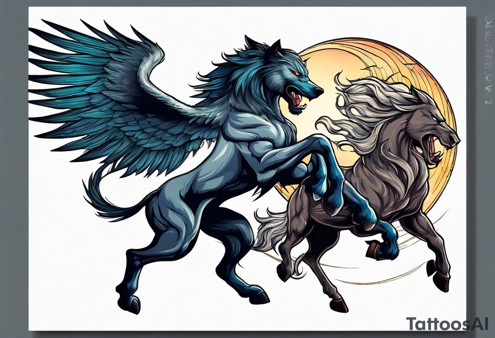 Muscular werewolf and Pegasus fighting in the night tattoo idea