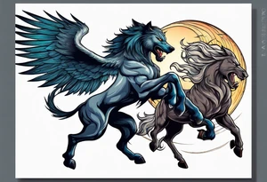 Muscular werewolf and Pegasus fighting in the night tattoo idea