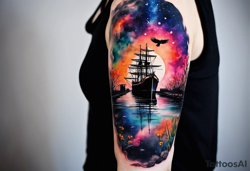Arm tattoo featuring wildlife and birds in canal in Amsterdam in space featuring galaxy colours and watercolour tattoo idea