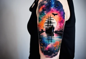 Arm tattoo featuring wildlife and birds in canal in Amsterdam in space featuring galaxy colours and watercolour tattoo idea