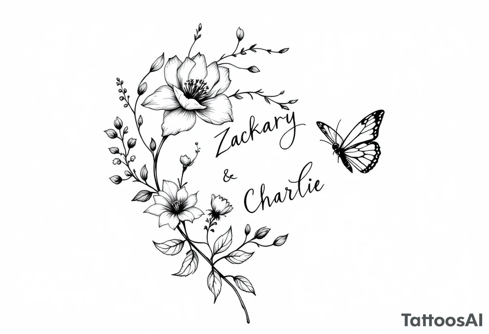 Flowers, heart and buttherfly with name Zackary and Charlie tattoo idea