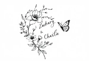 Flowers, heart and buttherfly with name Zackary and Charlie tattoo idea