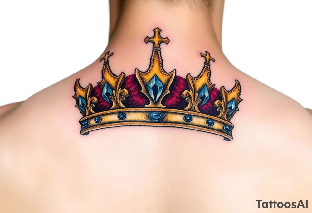 A regal gold crown tattoo adorned with deep red velvet lining, shimmering sapphire-blue gemstones, and subtle black shadowing underneath to give it a bold, three-dimensional look. tattoo idea
