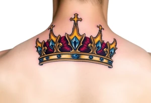 A regal gold crown tattoo adorned with deep red velvet lining, shimmering sapphire-blue gemstones, and subtle black shadowing underneath to give it a bold, three-dimensional look. tattoo idea