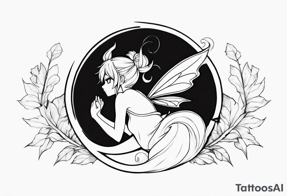 No color sketch of a fairy with a tail inspired by the guild symbol in the anime show called Fairy Tail in a fetal position leaning in and forward while crawled in tattoo idea