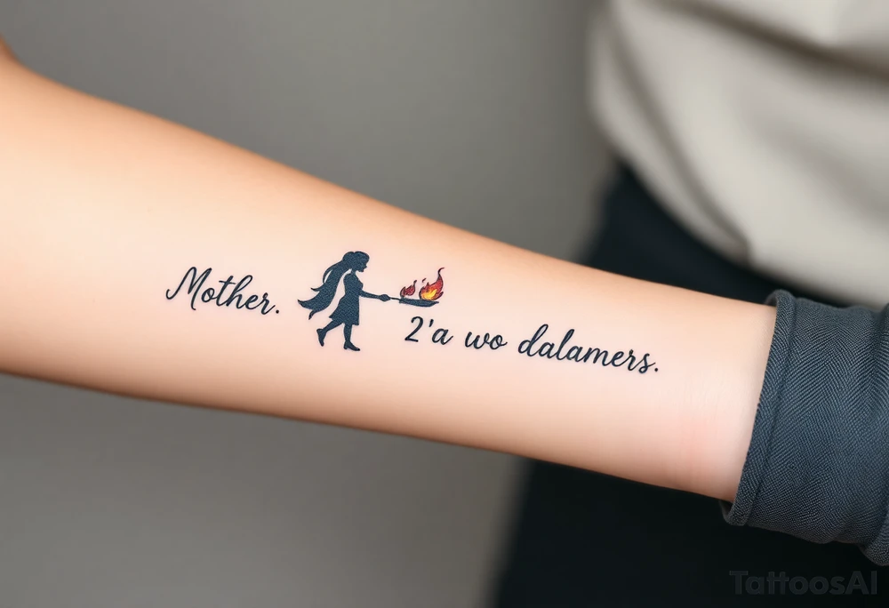 Silhouette of a mother passing 2 flames to two daughters tattoo idea