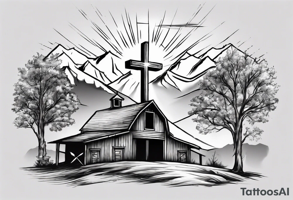 barn with a tree in front with a mountain in the back with a sun above beaming down showing a cross tattoo idea