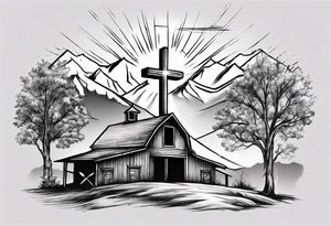 barn with a tree in front with a mountain in the back with a sun above beaming down showing a cross tattoo idea