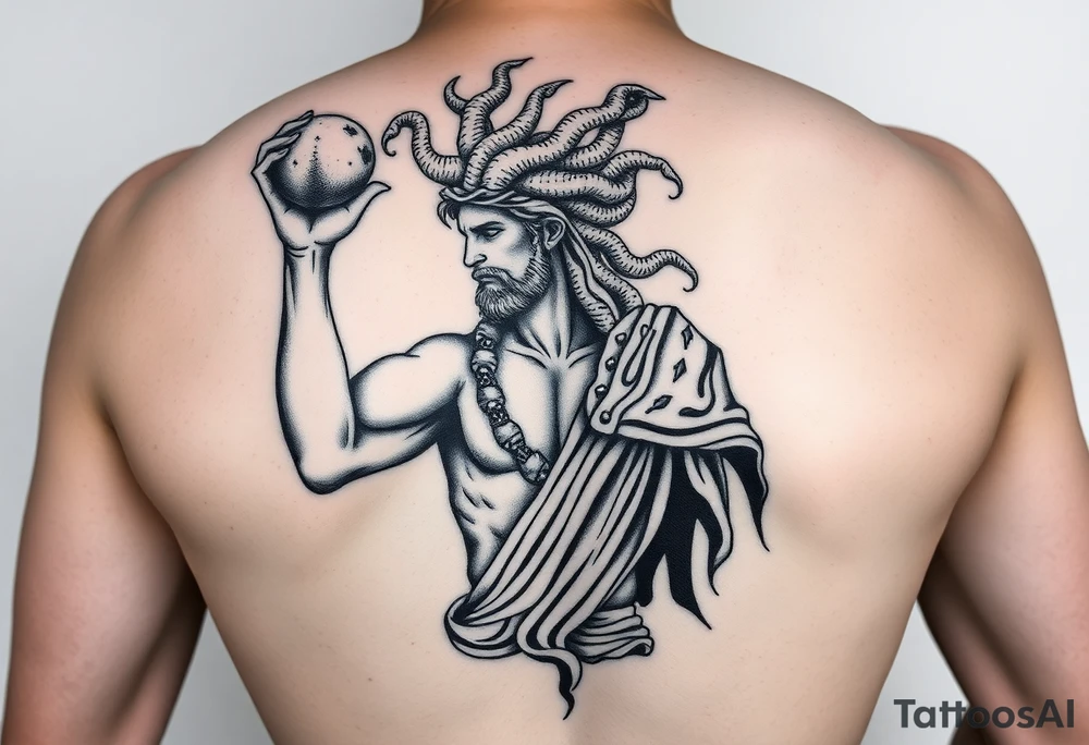 Perseus the Greek hero, holding Medusa’s severed head in victory, black and white and a part of a leg sleeve. Medusa the Greek monster with snakes as hair and Perseus should be in Greek armor. tattoo idea
