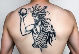 Perseus the Greek hero, holding Medusa’s severed head in victory, black and white and a part of a leg sleeve. Medusa the Greek monster with snakes as hair and Perseus should be in Greek armor. tattoo idea
