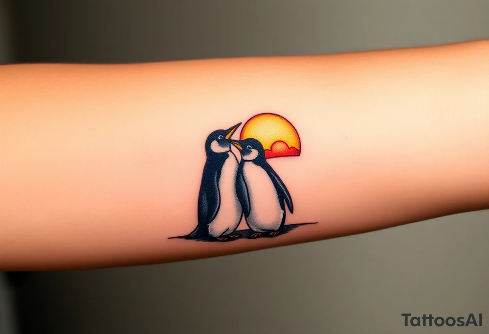 Penguins cuddling each other, looking off at a sunset tattoo idea