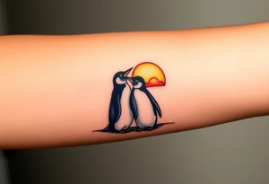 Penguins cuddling each other, looking off at a sunset tattoo idea