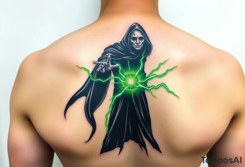 A black-robed Death Eater silhouette, casting a powerful green Avada Kedavra spell with lightning-like energy tattoo idea
