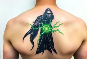 A black-robed Death Eater silhouette, casting a powerful green Avada Kedavra spell with lightning-like energy tattoo idea