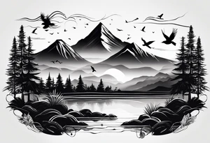 A mountain scape with trees. 5 silhouettes of birds. All black tattoo idea