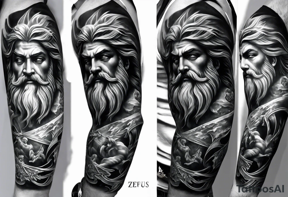 Full left arm tattoo sleeve with Zeus, Poseidon and Hades. Zeus is at the left shoulder, Poseidon is at the left upper arm and Hades is at the left forearm. tattoo idea