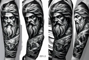 Full left arm tattoo sleeve with Zeus, Poseidon and Hades. Zeus is at the left shoulder, Poseidon is at the left upper arm and Hades is at the left forearm. tattoo idea