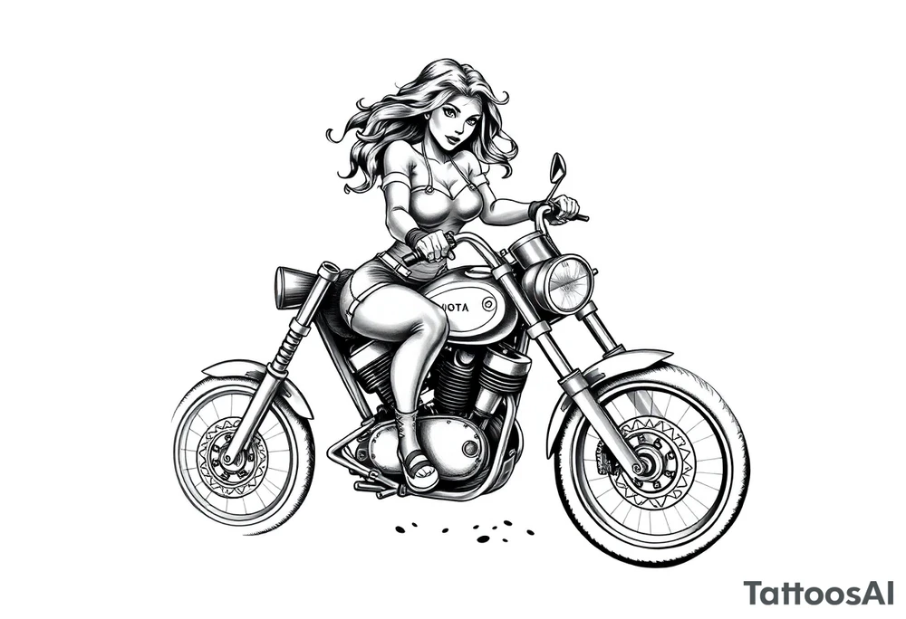 woman on a motorcycle combined with a gambling theme all sleeve tattoo idea