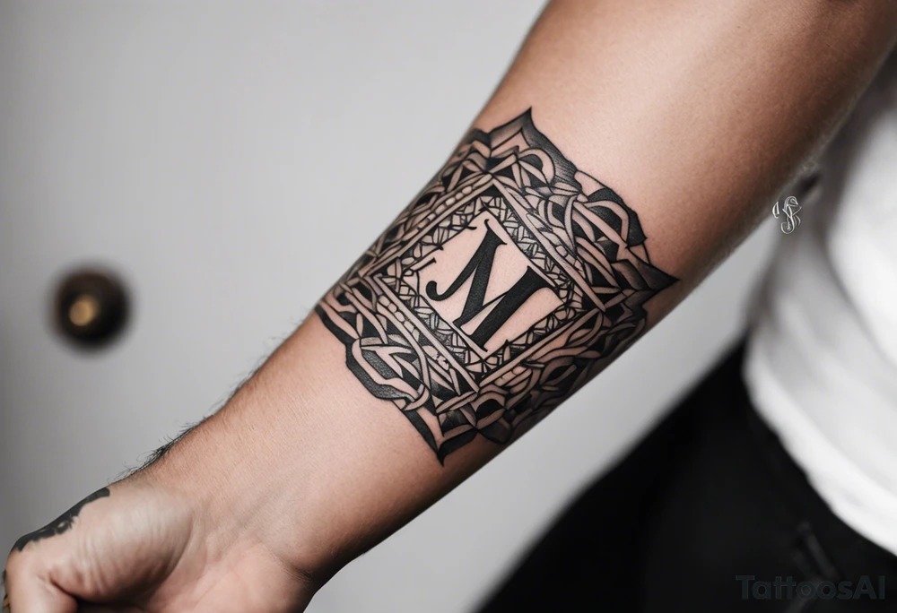 small tattoo on the forearm of a man with the initials MLJ, date of birth 22/09/22 in the style of a moluccan tattoo tattoo idea