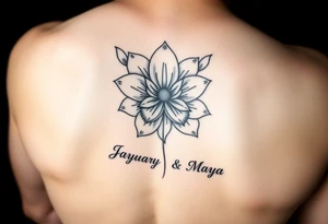 January December birth Flower with infinity sign and the names Jayden and Maya tattoo idea