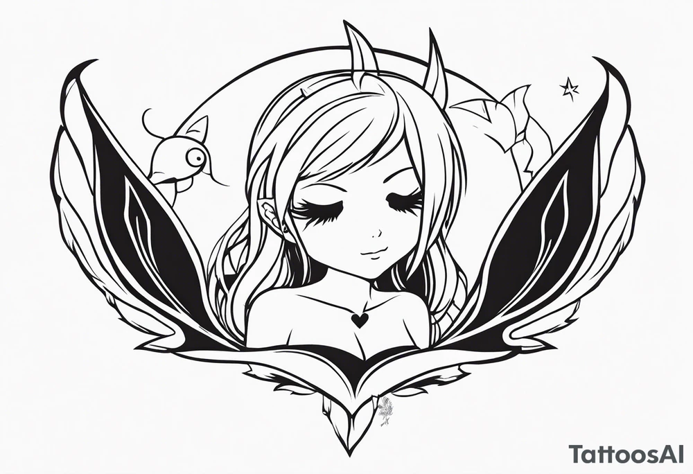 No color fairy with a tail inspired by the logo of the anime show called Fairy Tail in a fetal position leaning in and forward while sleeping tattoo idea