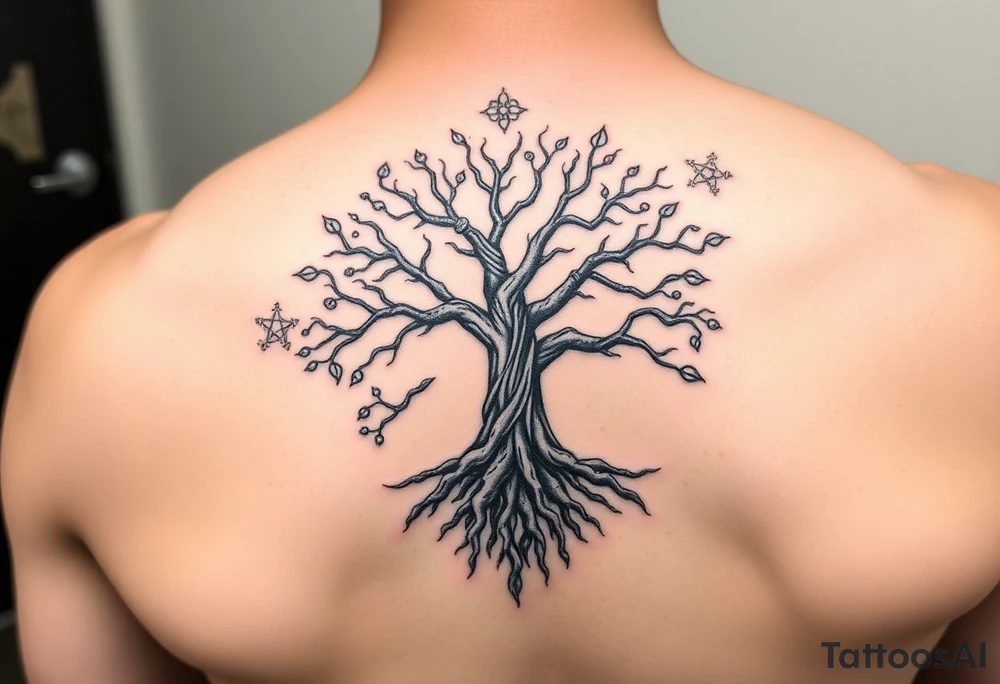 mystical tree of life with cosmic roots and celestial branches tattoo idea
